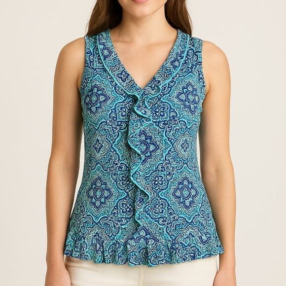 GEORGE Vintage 90s Blue Medallion V-Neck Sleeveless Blouse - Picture 1 of 9